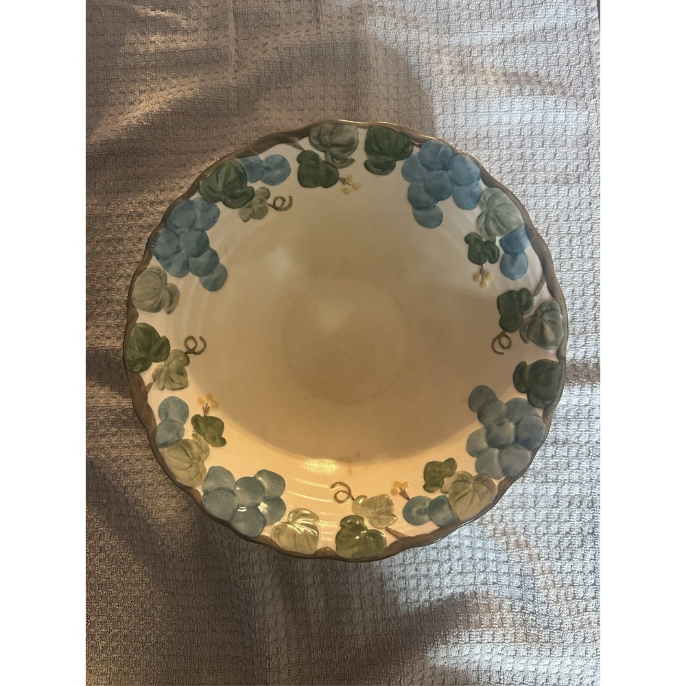 Metlox Poppytrail Sculptured Grape Serving Bowl Blue Hand Painted USA, 8-1/2 dia